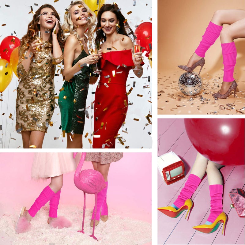 v28 Women 80s Party Warm Costume Marathon Knit Long Socks Leg Warmers(T46-Hotpink) - Image 4